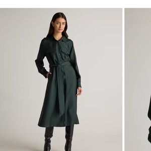100% Silk Twill Utility Shirt Dress Forest Green